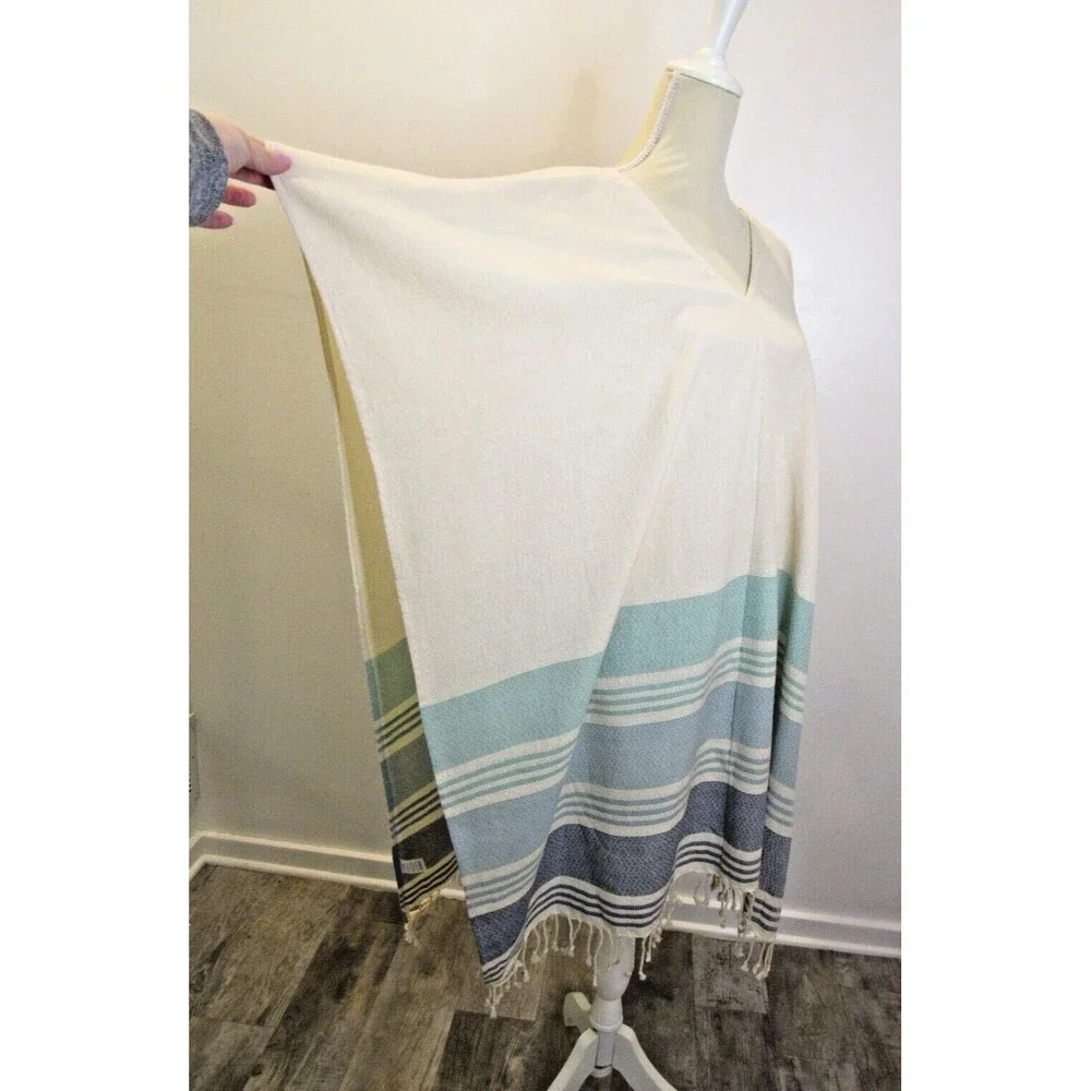 Womens OS Cream Blue Stripes Fringe Poncho Beach Caftan Coverup Boho Tribe Alive - Picture 9 of 11